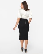 Unique Vintage Ivory Black Button Front Wiggle Dress White. Black